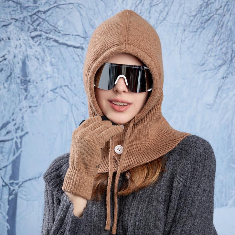 Зимняя теплая вязаная шапка с защитой ушей и перчатками, женская шаль, цельный пуловер, шерстяная шапка