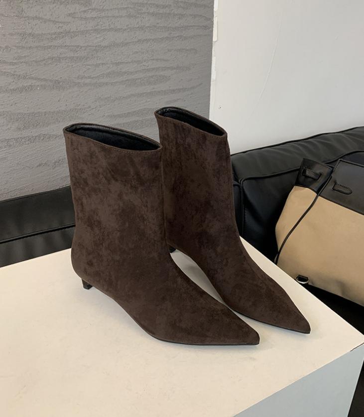 Мода Мода Высокое Качество Острый Носок Винтажные Ботильоны Сексуальный Тонкий Низкий Каблук Женские Теплые Рыцарские Слипоны Вечерние Туфли