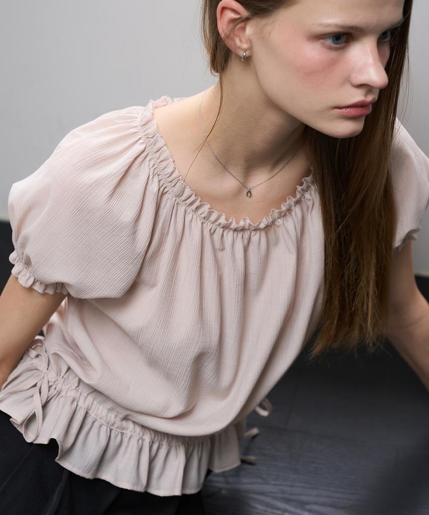DEHEVE Frill Puff Crop Blouse [Pink]