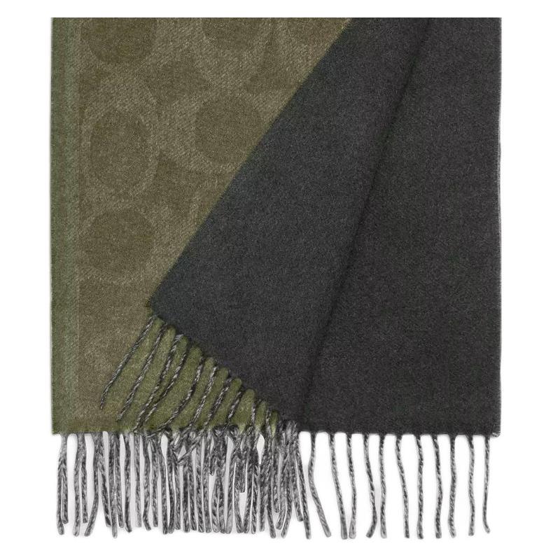 Coach Two Tone Monogram Jacquard Reversible Fringe Winter Scarf Olive Green 76384-OLV