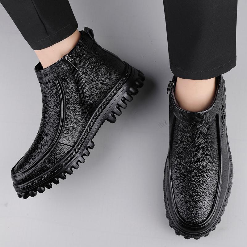 Ботильоны мужские из натуральной кожи с боковой молнией, повседневная обувь для мужчин, высококачественные деловые низкие туфли, мужские зимние плюшевые ботинки для снега