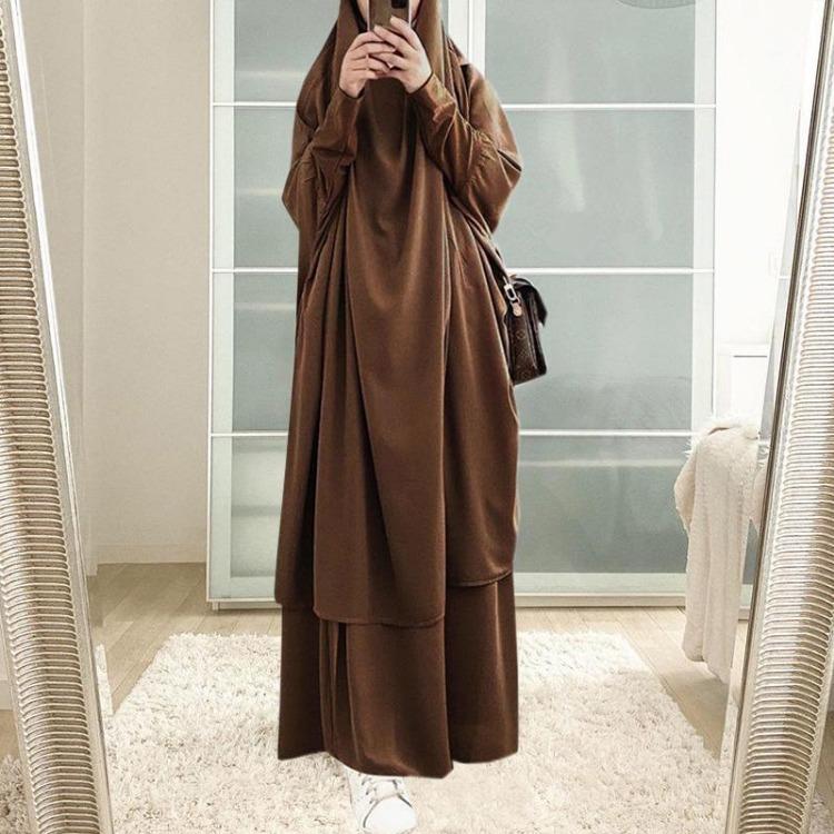 Women Muslim Ramadan Dresses Loose Bat Sleeve Cardigan Solid Color Headgear Mosque Robes