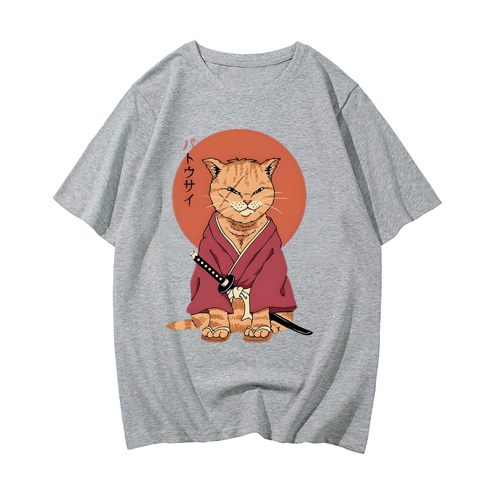 100% Cotton Tshirt Samurai Cat T Shirt Graphic Tees Mens Streetwear Spring and Summer O-neck T-shirt Cartoon Printing Tees-shirt
