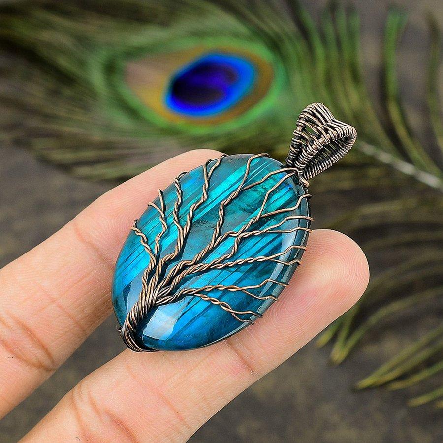 Натуральный синий лабрадорит, медная проволока, подвеска в подарок 2,29" C1U86