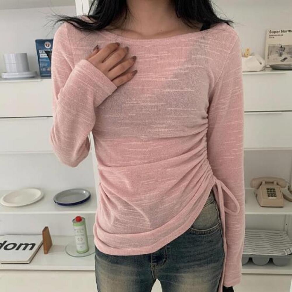 New ArrivalS Open Run Women S Side Shirring Round Neck Sheer Long Sleeve T ShirT