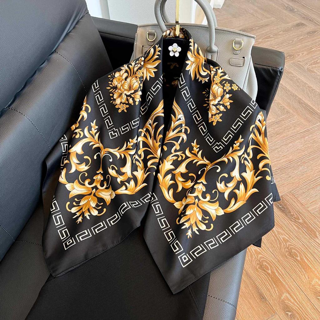 Color block silk scarf Korean version printing color matching scarf twill silk large square scarf 91x91cm shawl sunscreen travel headscarf