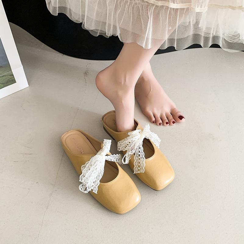 Fashion Baotou Flat Shoes Women Fashion Square Head Shallow Mouth Lace Lace-up Butterfly Knot Soft Sole Non-slip Slippers