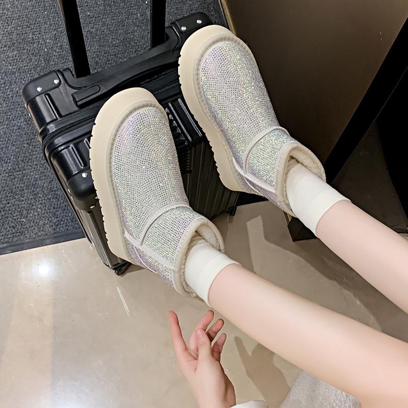 Fashion Women's New Winter Thick Soled Snow Boots Round Head Suede Rhinestone Anti-slip Wear-resistant Short Boots