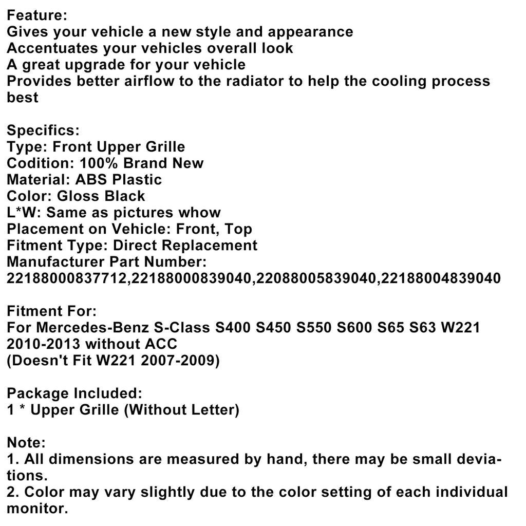 Передняя решетка радиатора подходит для Mercedes Benz S-Class W221 S550 S600 S63 S65 2010-2013