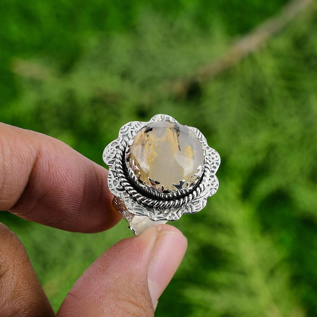 Wedding Gift For Her 925 Silver Natural Plume Agate Multi Stone Adjustable Ring