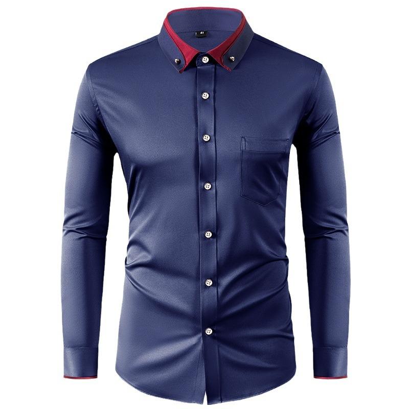 Four Sided Elastic Shirt for Men Color Blocked Diamond Button Lapel Shirt Casual No Iron Formal Wear Shirt