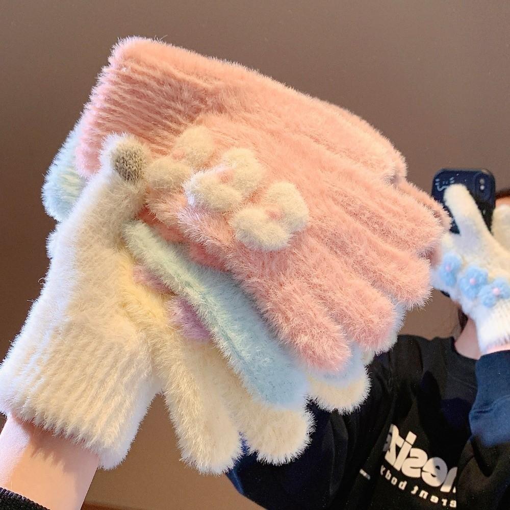 Fuzzy Bow Decorated Knitted Full Finger Gloves Polyester Warm Plush Gloves Cycling Use