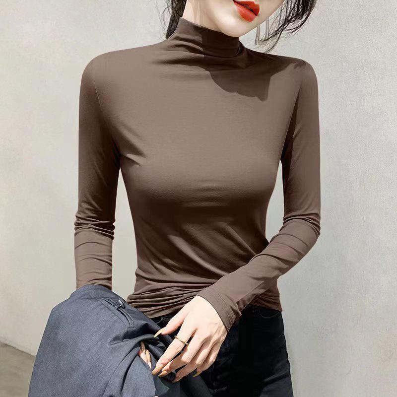 Women's Autumn/Winter Slim Fit T-Shirt: Warm Pure Color Half-Turtleneck Long Sleeve Base Layer
