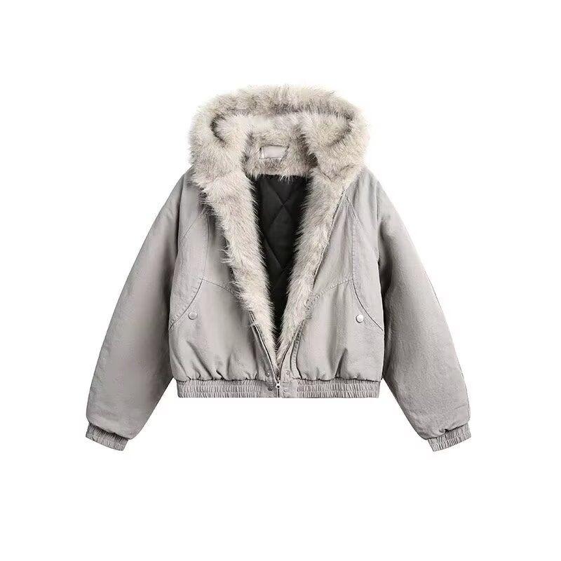 Winter Elegant Liner Fur Loose Coat Women Y2k Fur Collar Hood Thick Fashion Parkas Casual Outerwear Cotton Padded Jackets