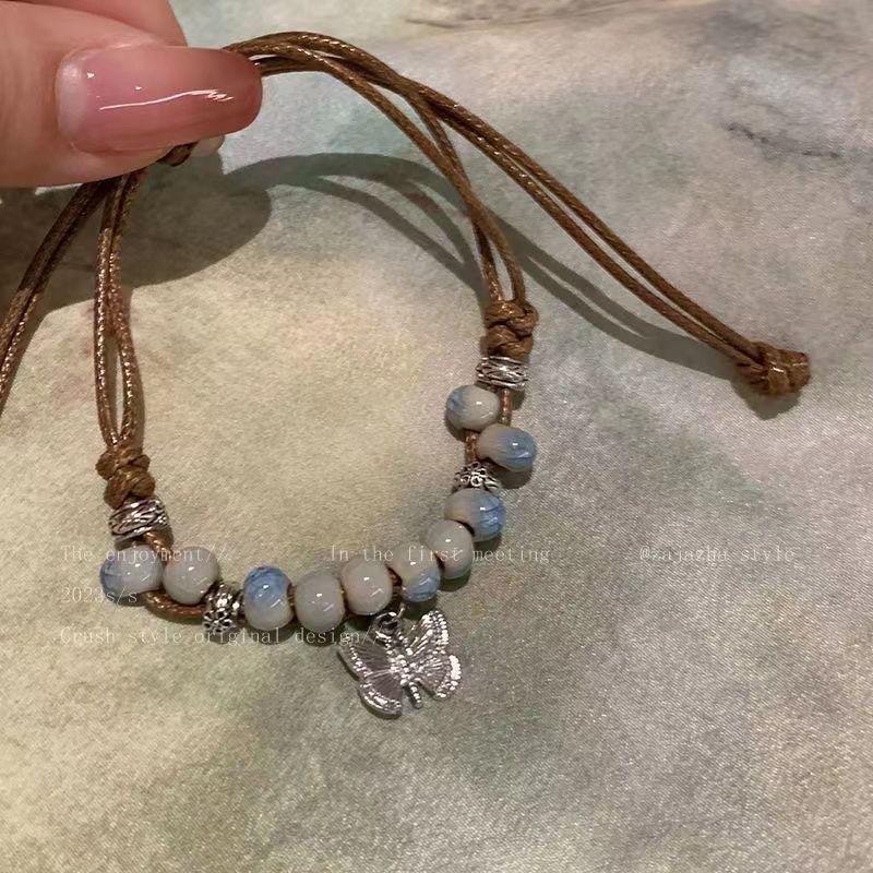Chinese Butterfly Jingdezhen Ceramic Beaded Bracelet - Women's Retro Ethnic Style Hand Jewelry, Summer 2024