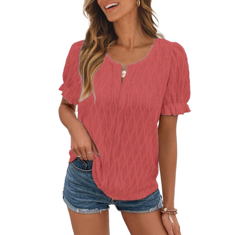 Женская футболка весна-лето с V-образным вырезом и рукавами-фонариками из жаккарда для отдыха, свободная, с короткими рукавами