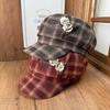 Retro plaid Kitty cat octagonal beret women's autumn and winter versatile face small plush KT embroidered newsboy hat