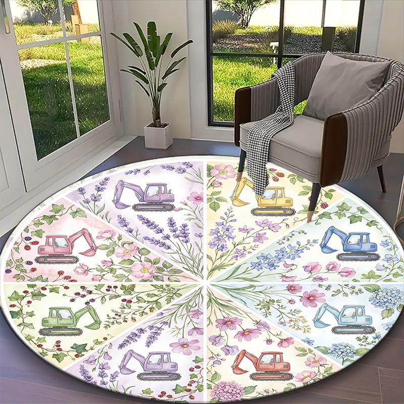 1pc Digital Printed Chair Rug for Home Office Use, Blue Balance Excavator Carpet Appropriate for All Seasons, Soft Round Carpet