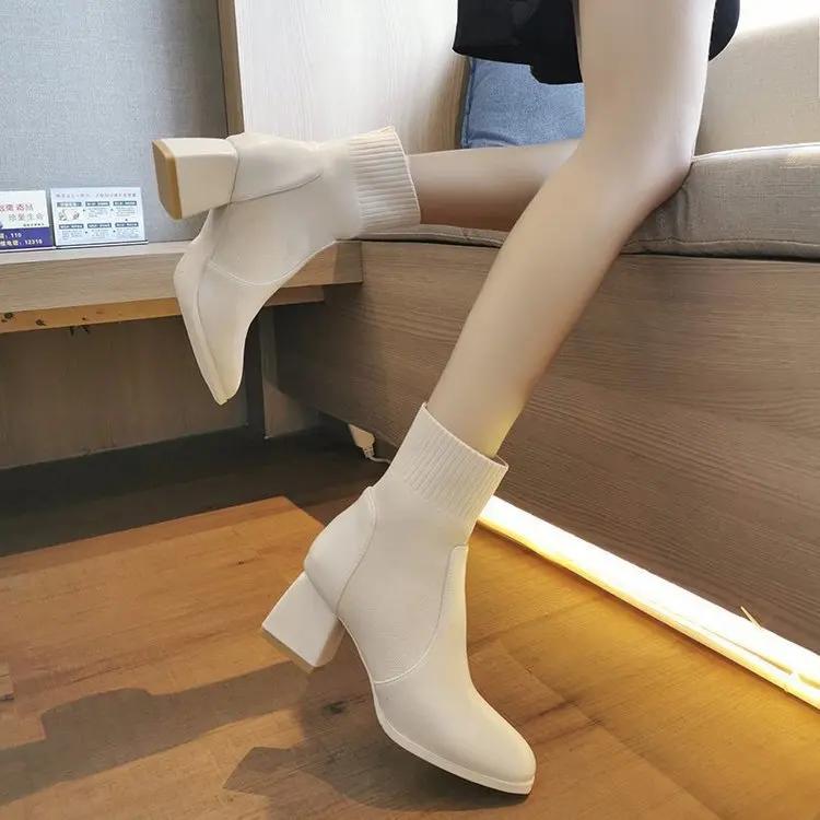 Высокие каблуки Осень Зима Эластичная вязка Ретро Ботильоны Женские Носки-ботинки Mujer Botas Altas Платформа Женские