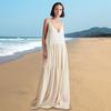 Леди пляжное платье Глубокий V-образный вырез Свободное трапециевидное лоскутное платье с открытой спиной и без рукавов Плиссированное платье с ремешками для отдыха Курортная одежда Макси-платье Сарафан длиной до пола