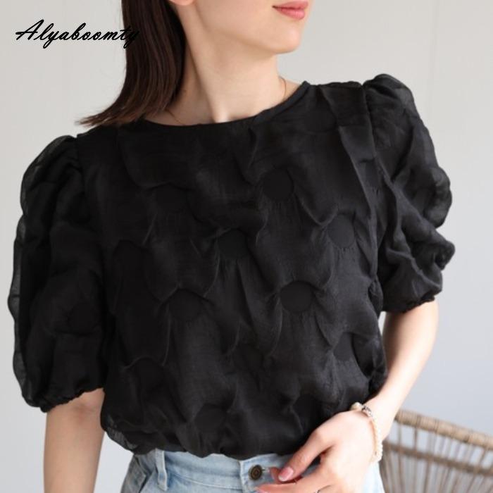 Korean Style Summer Women Stylish Top Brief O Neck Black Beige Brown Streetwear Blouse Puff Sleeve Elegant Feminine Ladies' Shirt