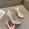 Transparent Crystal Heel Open-toed High Heels Women's 2025 Summer New Korean Version of Rhinestone Thick Heel with Waterproof Table Shoes