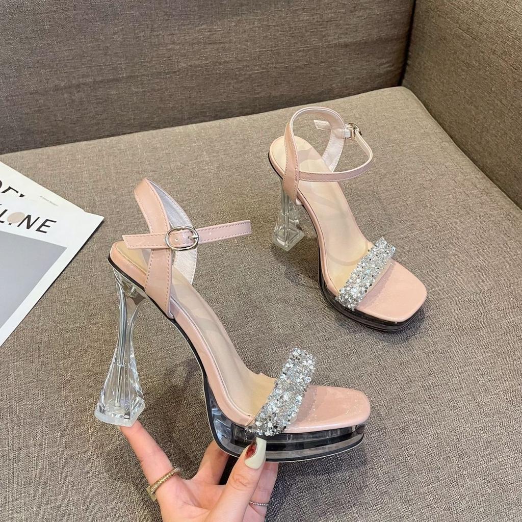 Transparent Crystal Heel Open-toed High Heels Women's 2025 Summer New Korean Version of Rhinestone Thick Heel with Waterproof Table Shoes