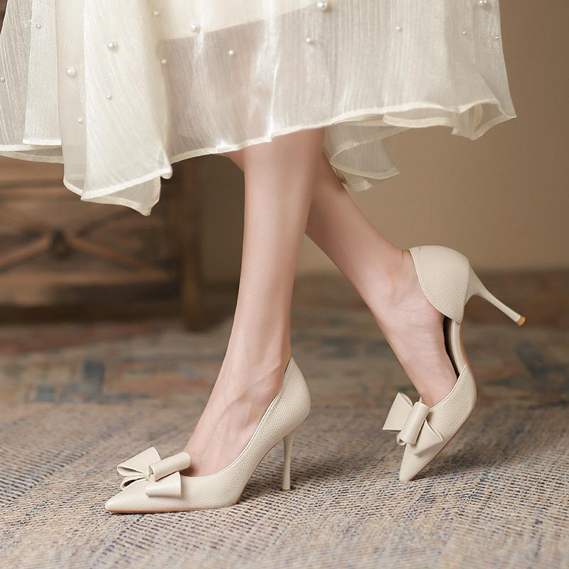 Элегантные женские туфли на шпильке, пустые туфли на высоком каблуке с бантом сбоку, банкетные темпераментные туфли с острым носком и неглубоким носком