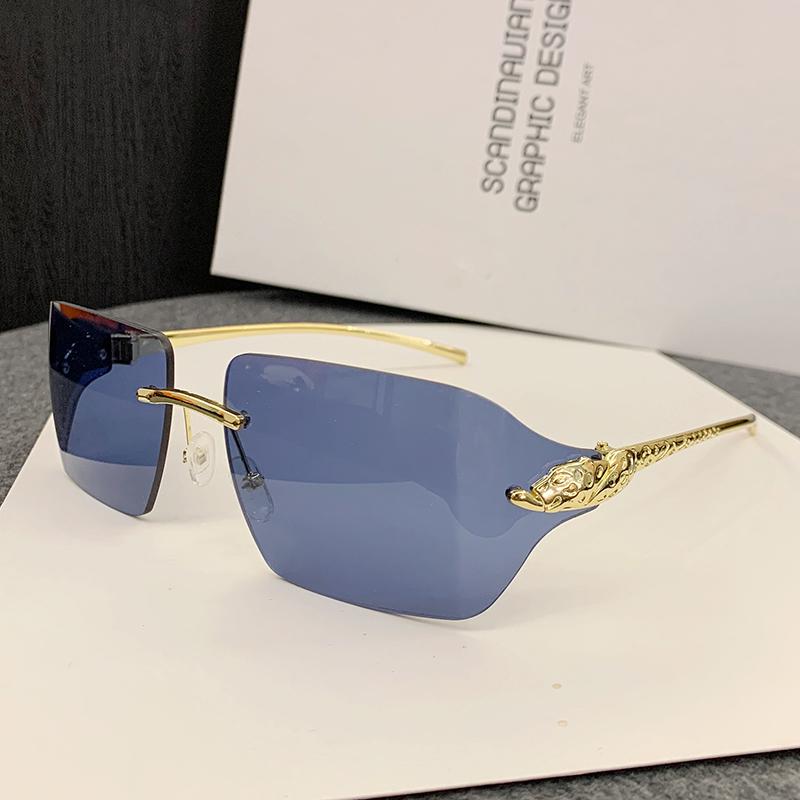 Новые Солнцезащитные Очки Специальные Безрамные Очки с Металлической Оправой с Огранкой Края Декоративные Солнцезащитные Очки с Головой Леопарда Мужские