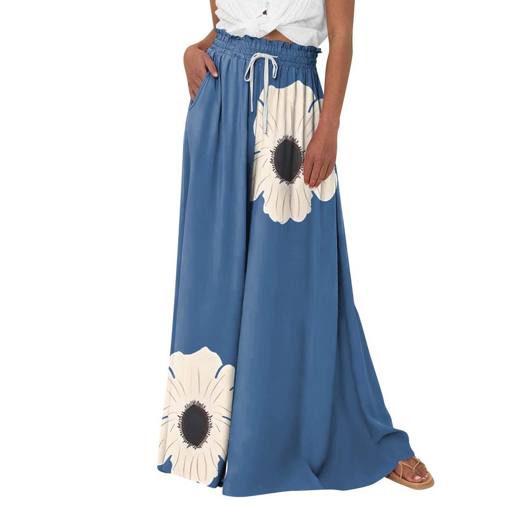 Women's Palazzo Pants Boho Floral Wide Leg Trousers Summer Beach High Waisted Flowy Pants With Pockets