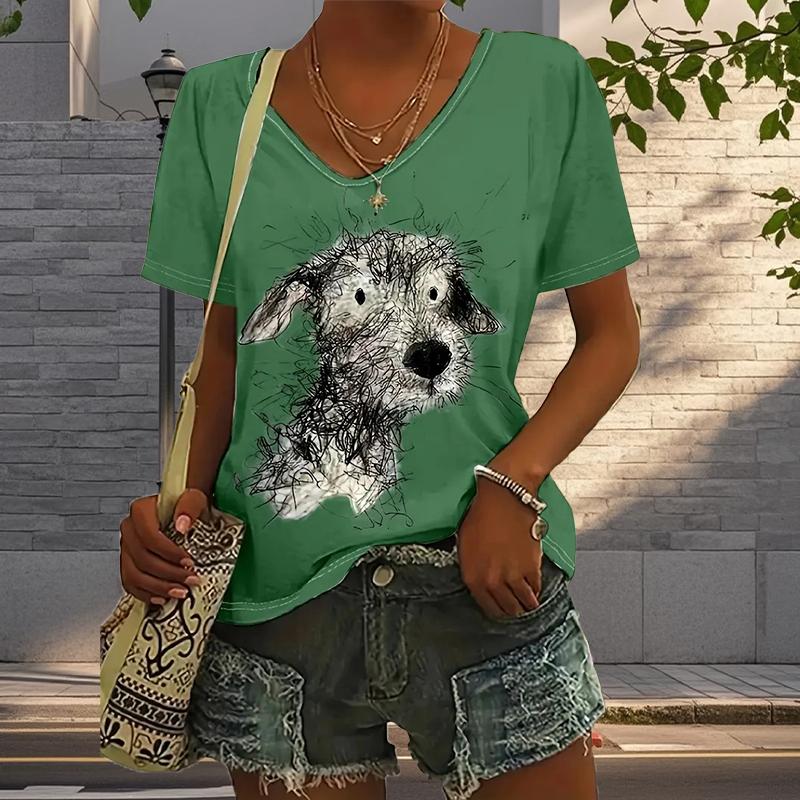 Блузки с рисунком бродячего щенка, футболки с коротким рукавом и V-образным вырезом, повседневные