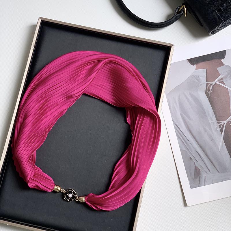 Новый монохромный магнитный шелковый шарф-ожерелье для женщин, плиссированный летний солнцезащитный головной платок, декоративный шарф