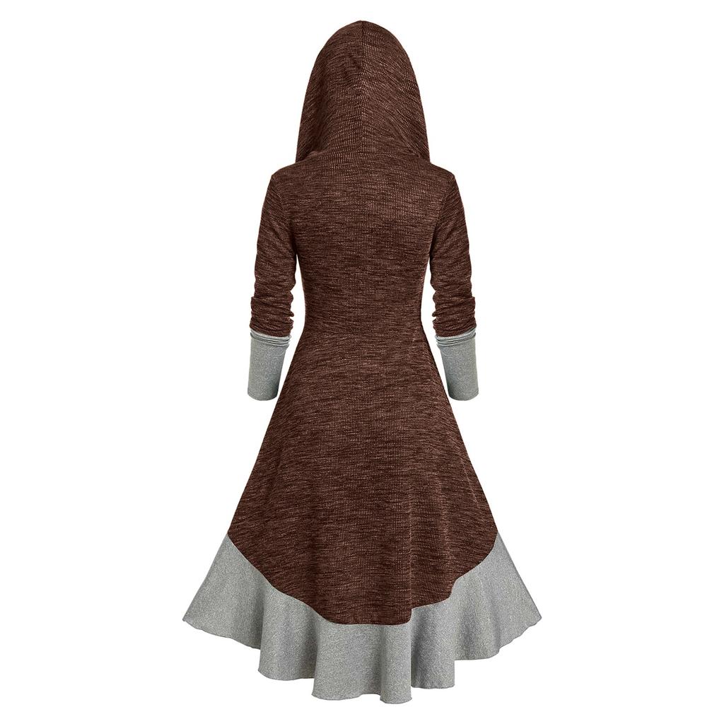 Women Contrast Ribbed Ruffles Flare Sleeve Button Coat High Low Cardigan