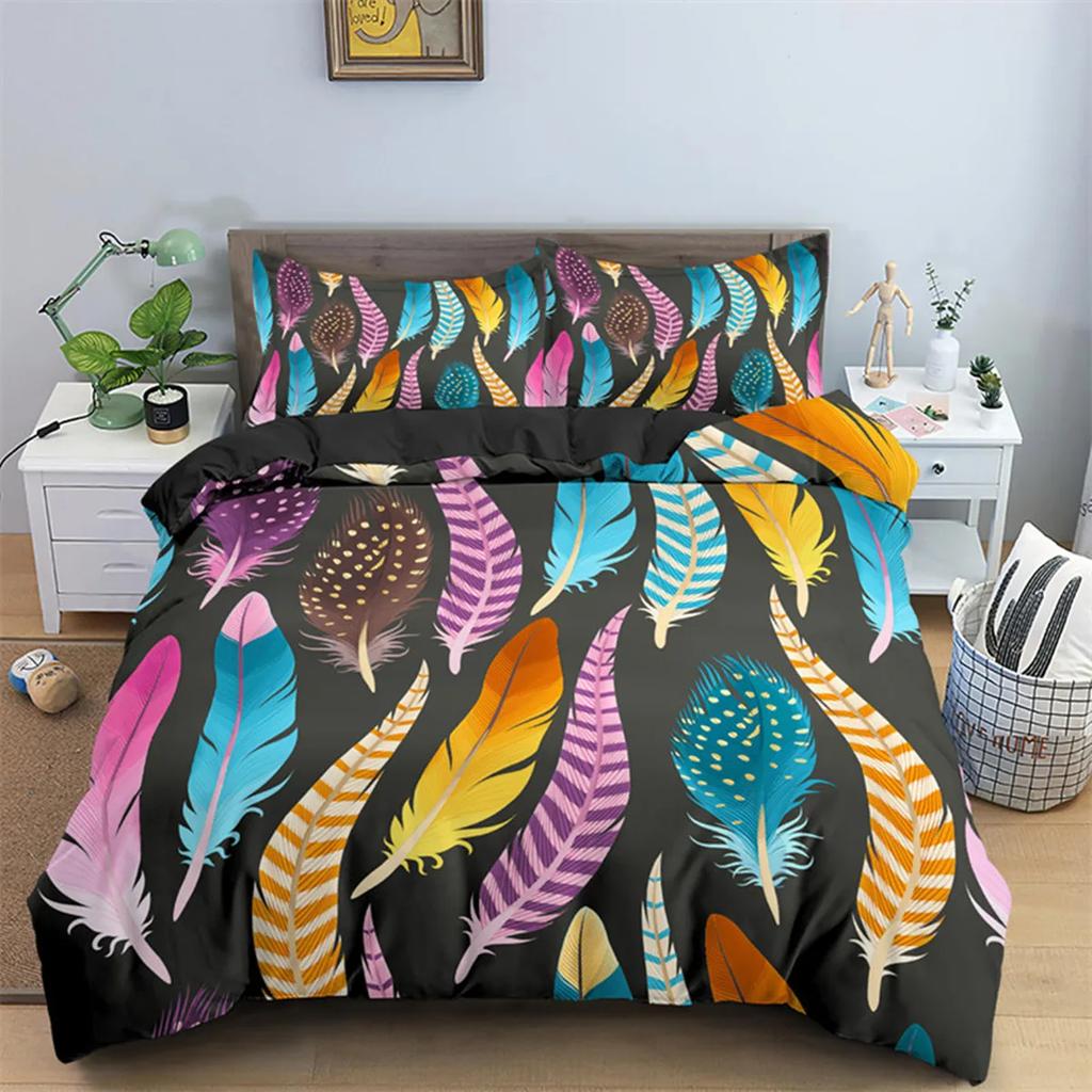 Dark Blue Peacock Feather Duvet Cover Feather Elegant Theme Chic Floral Quilt Cover for Women Teen Boys Girls Bedroom Decoration