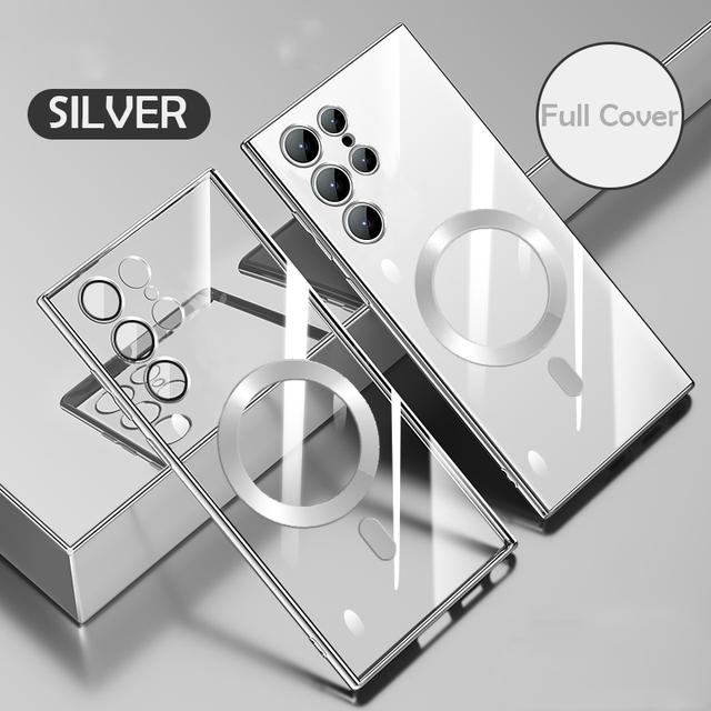 Противоударный чехол Magsafe с магнитной беспроводной зарядкой для телефона Samsung Galaxy S23 Ultra S22 Plus Ultra S21 + прозрачная стеклянная линза, мягкая обложка