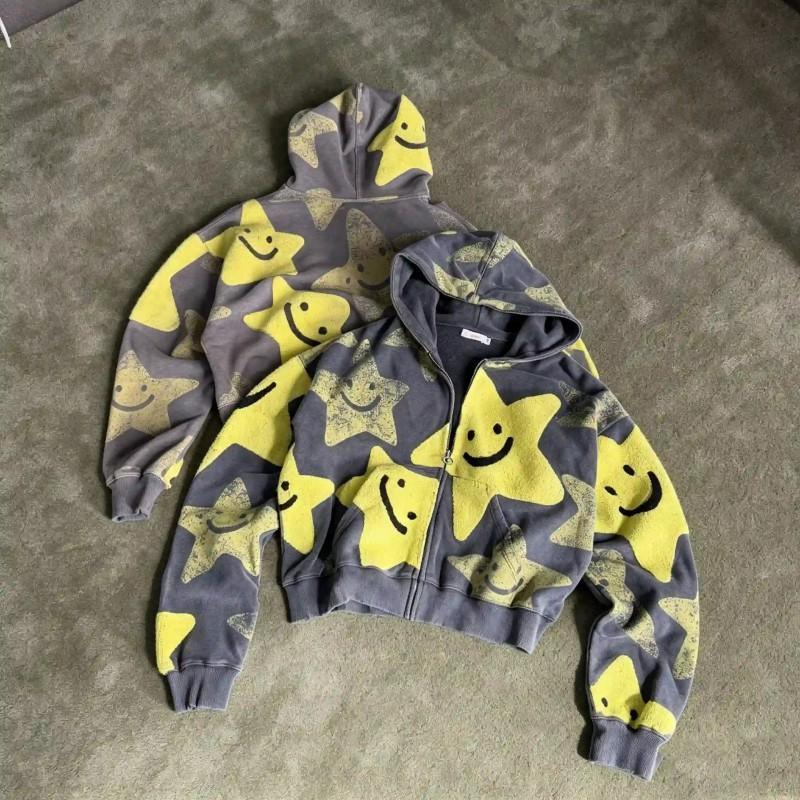 26 Y2K Millennium Smiley Star Hooded Zip Sweatshirt Retro Print Casual Jacket