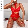 Ellolace Нижнее белье Сексуальное белье 3 предмета Прозрачный бюстгальтер Кружевной костюм Сексуальный пояс для чулок с чулками Женское эротическое интимное