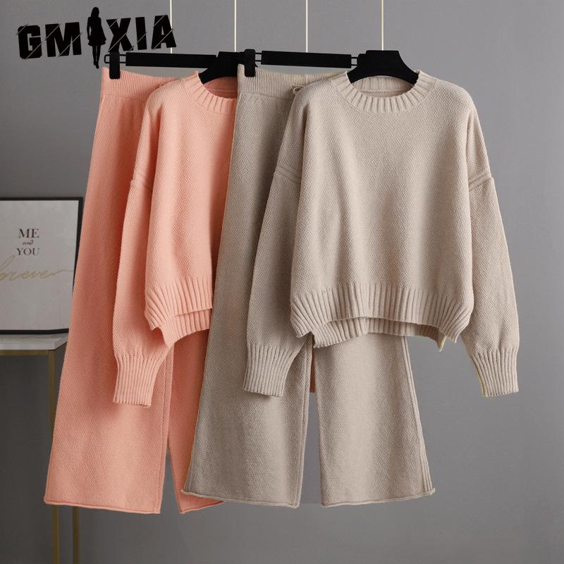 GMXIA Autumn and Winter Fashion Casual Knitted Suit Pants, Loose Sweater, Wide-leg Pants, Long Pants Two-piece Set