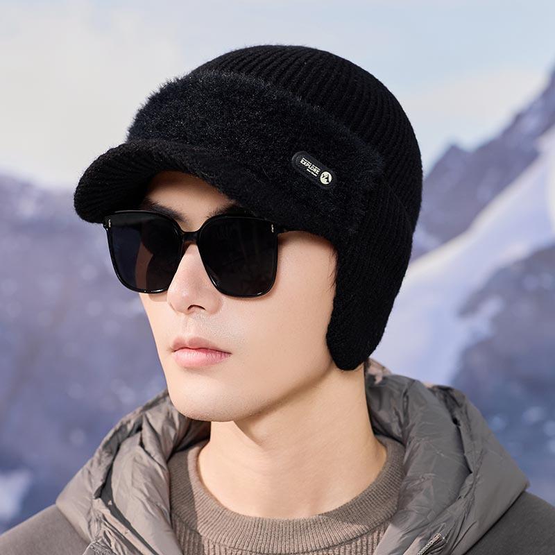 Winter men's brimmed knitted hat, fleece ear protection hat, cycling cold-proof and warm duck tongue wool hat, middle-aged dad hat