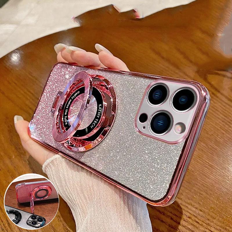 Роскошный чехол для беспроводной зарядки MagSafe для iPhone 11 12 13 14 15 Pro Max Plus с блестками, магнитным кольцом-подставкой, прозрачная крышка