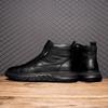 New Men Black Leather Boots Fashion High Top Leather Ankle Boots Motorcycle Lace-up Platform Casual Shoes