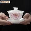 135 мл китайская белая нефритовая глиняная фарфоровая гайвань с ручной росписью в виде цветов и птиц, чайная супница, крышка для заваривания чая, чаша, украшение для чайной церемонии