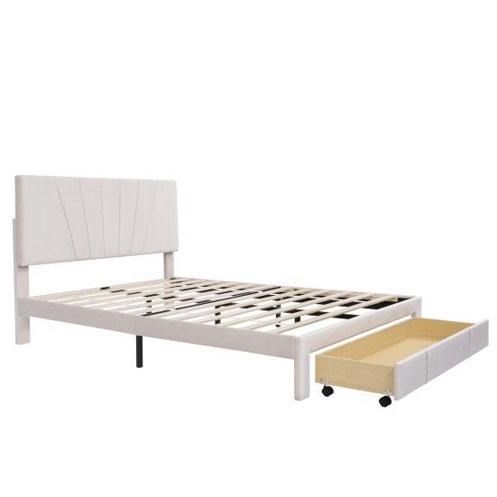 140x200cm Velvet Fabric Solid Wood Bed with Backrest Large Drawer Ergonomic Design Strong Wood Slat Support Bed Home Furniture