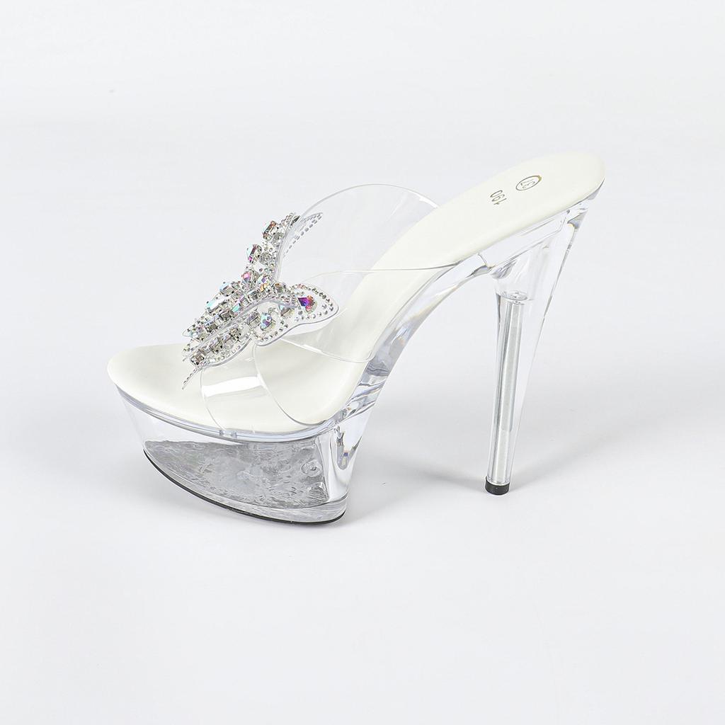 Стразы Сексуальные Высокие Каблуки 15СМ Тонкий Каблук Водонепроницаемые Тапочки на Платформе Прозрачные Хрустальные Туфли Свадебные Туфли Банкетные Высокие Каблуки