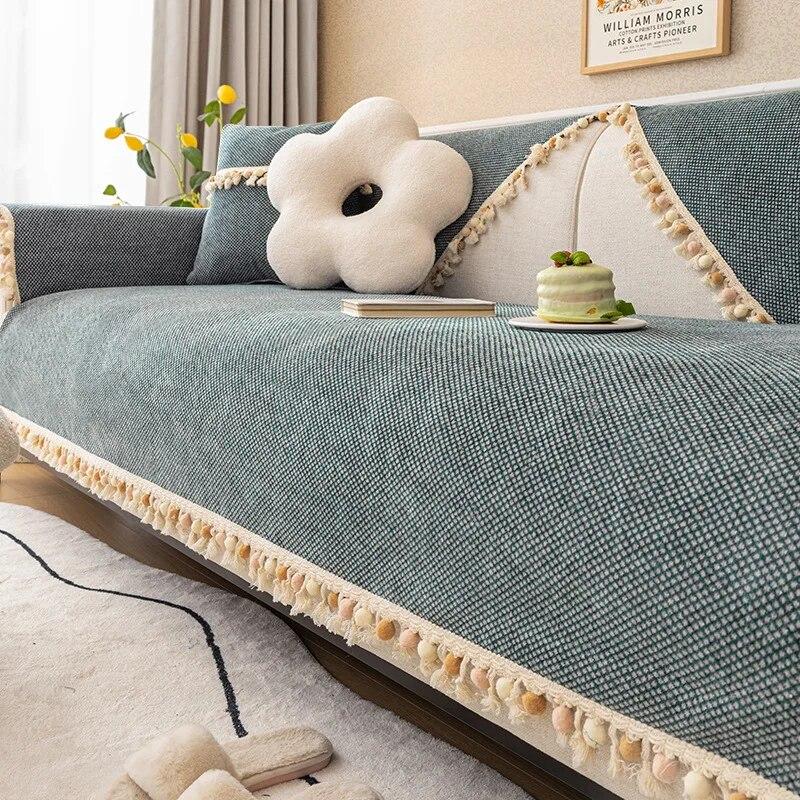 Solid Tassel Ball Sofa Cushion Four Seasons Universal Winter Thicken Chenille Anti Slip Modern Cushion