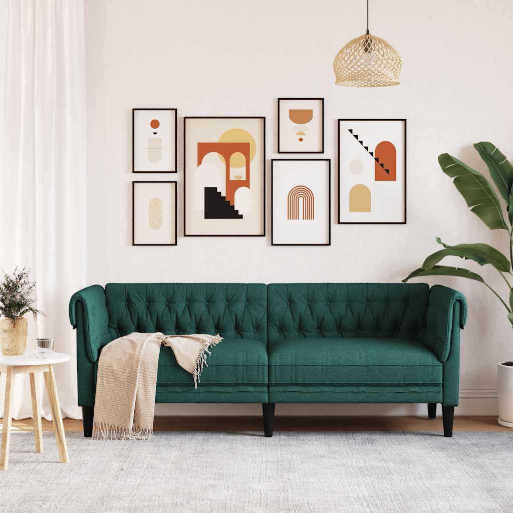 Chesterfield Sofa 3 Seater Dark Green Fabric