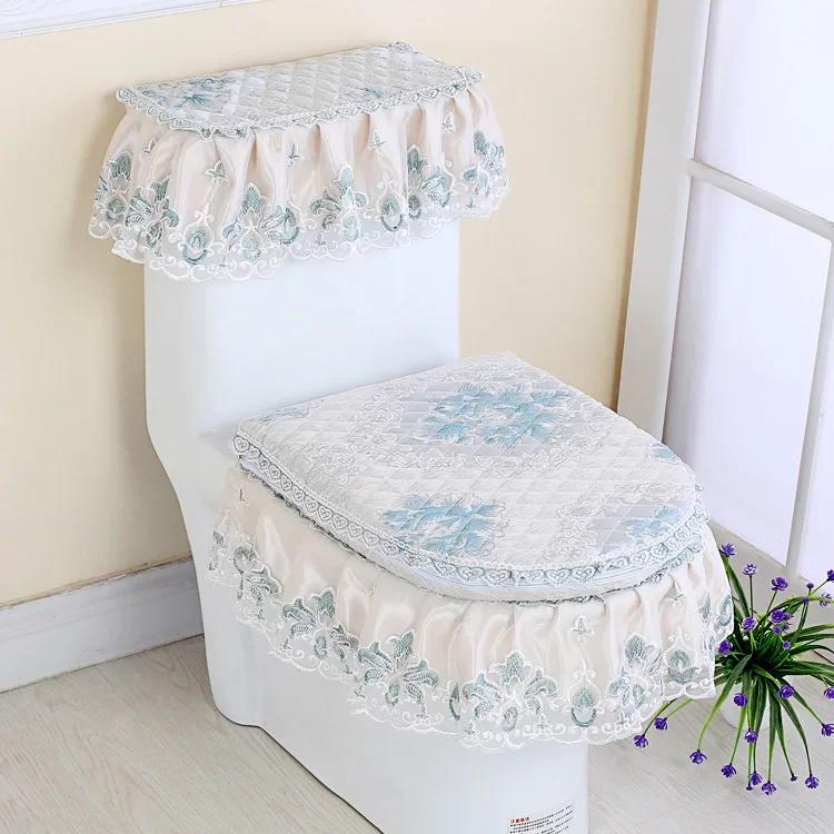 Декор из кружевной ткани с принтом Коврик для унитаза из трех частей Большая юбка Подол Чехол на сиденье для унитаза с молнией Пылезащитный чехол для унитаза