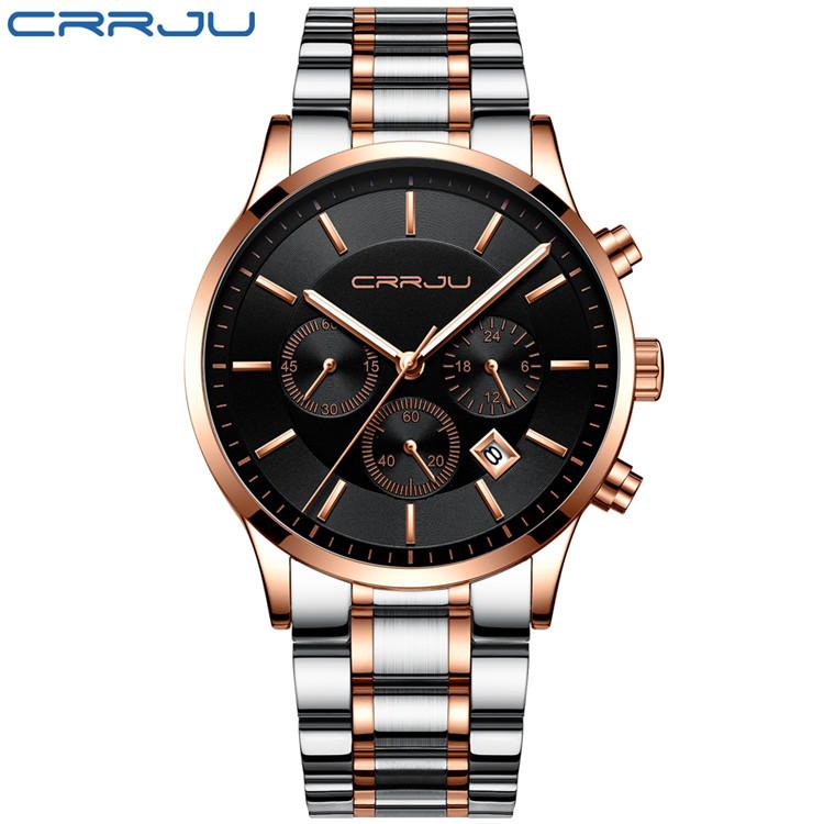 CRRJU New Men's Steel Band Sports Watch Fashion Business Multi-functional Six-pin Chronograph Watch