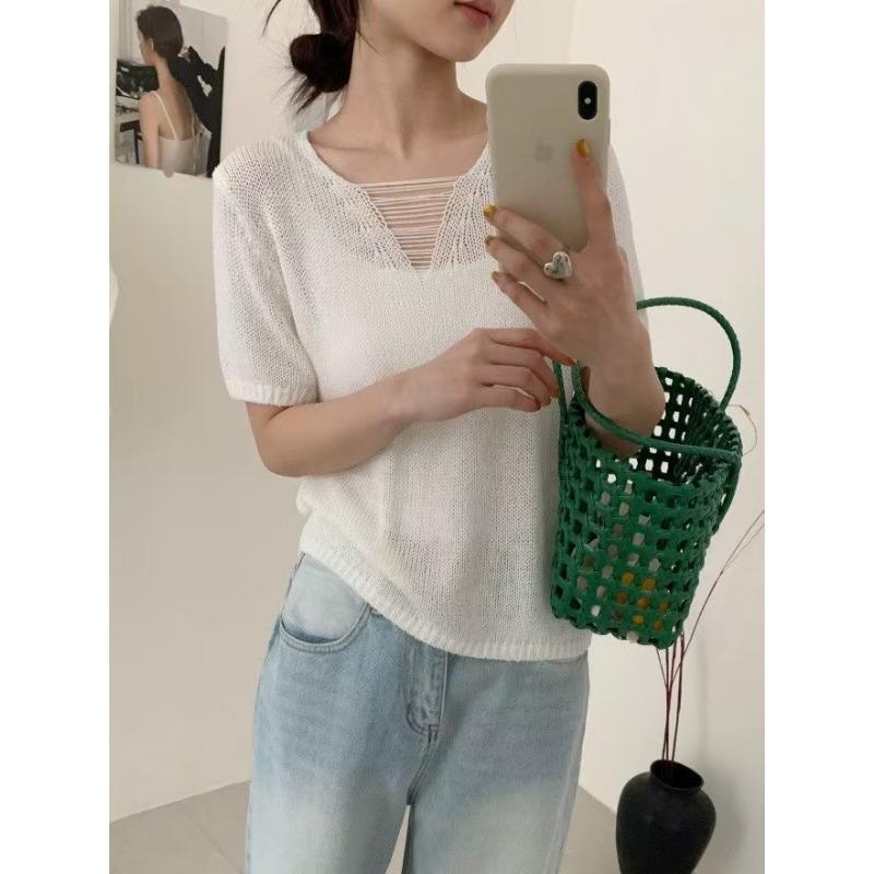 Summer New Hollow V-neck Short-sleeved Knitted Sweater Loose and Thin Thin Yarn Cool T-shirt Top