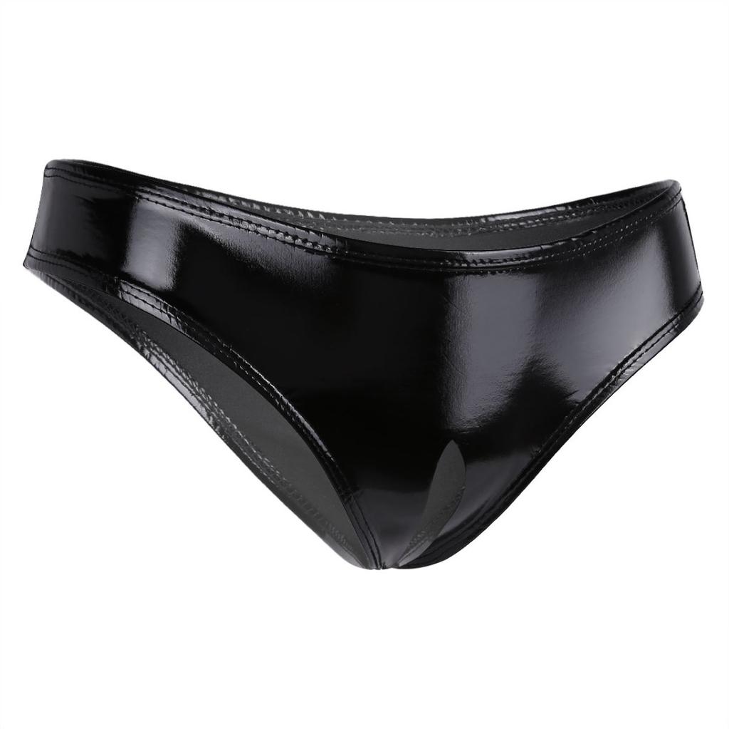 Adults Womens Open Crotch High Cut Thong Elastic Waistband Wet Look Patent Briefs Lingerie